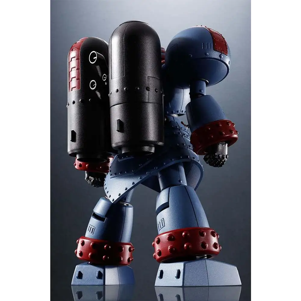 Blå och röd metallrobotfigur med svarta cylindriska tankar på ryggen, Giant Robo Animation Ver - Super Robot Chogokin