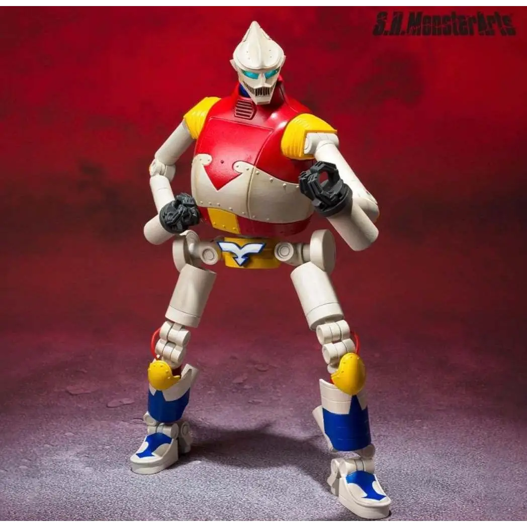 Röd, vit och gul Jet Jaguar Godzilla MonsterArts-figur med blå stövdetaljer