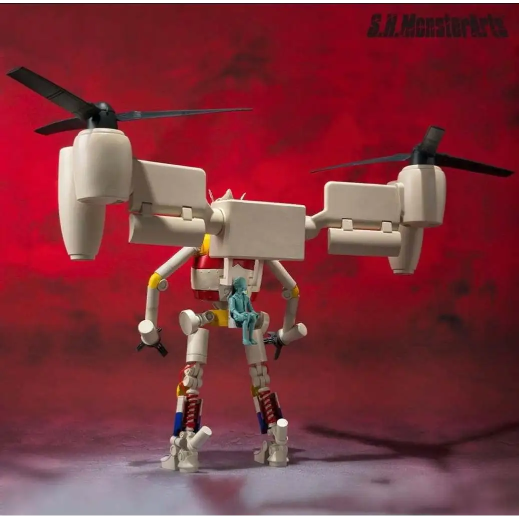 Vit Godzilla Jet Jaguar MonsterArts-figur med vit-röd robot och blå figur