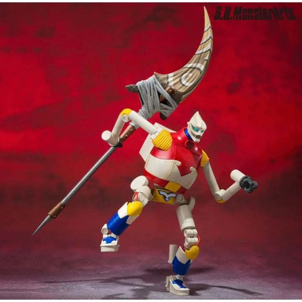 Röd, vit och blå Jet Jaguar MonsterArts-figur med gul accenter och grå axe