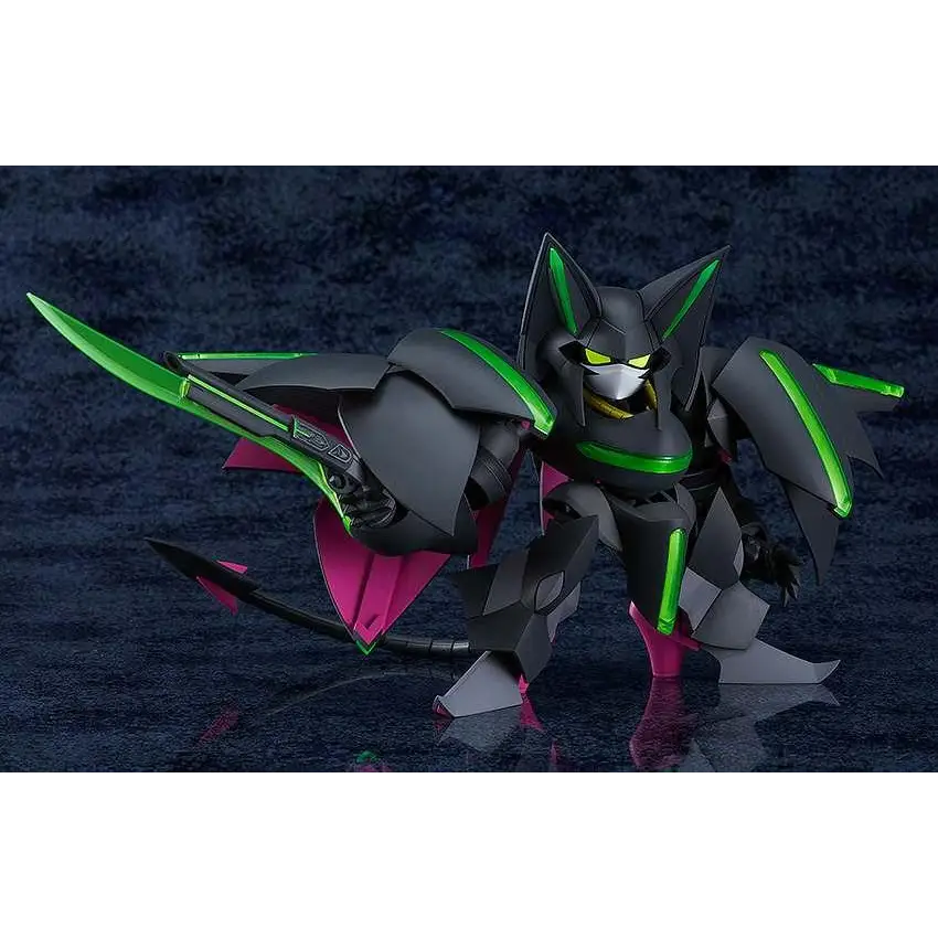 Svart och neon-grön pansrad robotfigur med rosa accenter, Granbelm Viola Katze Moderoid MK