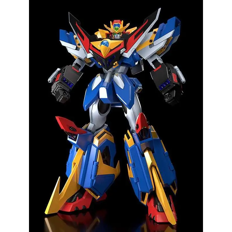 Blå, röd och gul pansrad robotfigur med silverdetaljer i Gravion God Moderoid MK