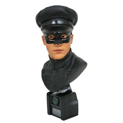 Svart glansig byst av Kato i grön mask och keps, monterad på kamerabas