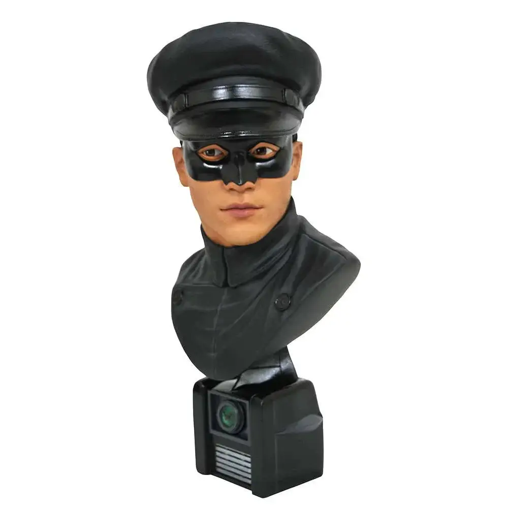 Svart glansig byst av Kato i grön mask och keps, monterad på kamerabas