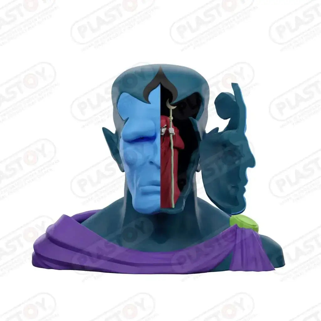 Blå och lila skulpterad byst av Grendizer General Gandal Sparbössa med öppen sida som visar inre figur med stav