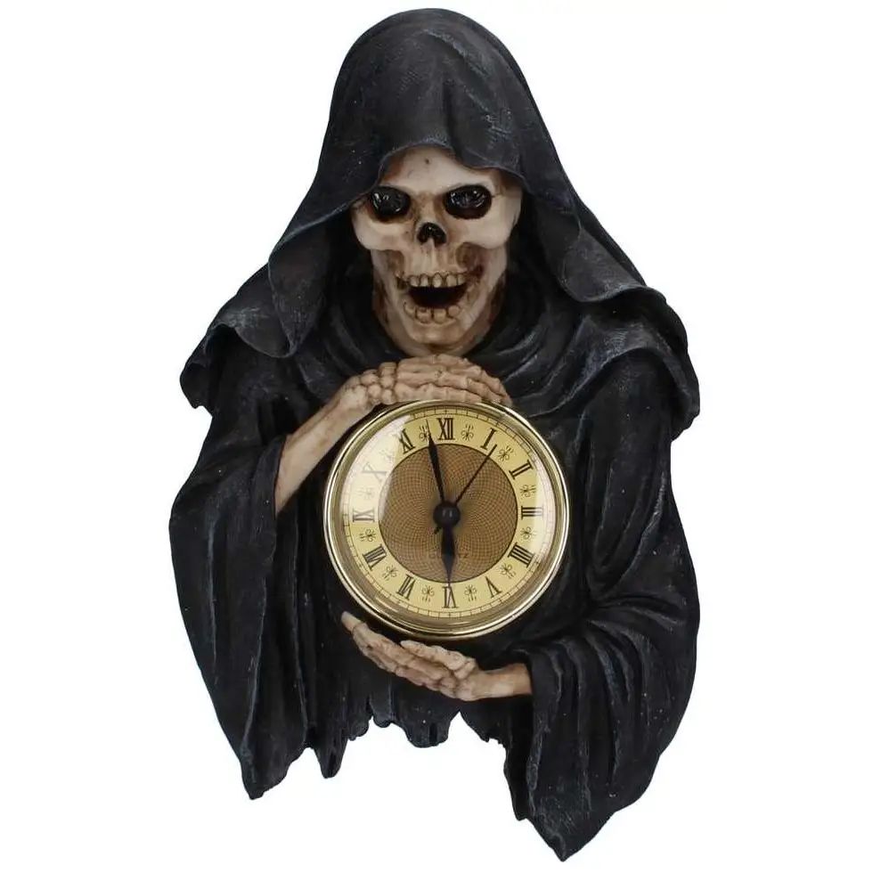 Grim Reaper Klocka: svart dödskallefigur med rund klocka i guldram, 28 cm resin