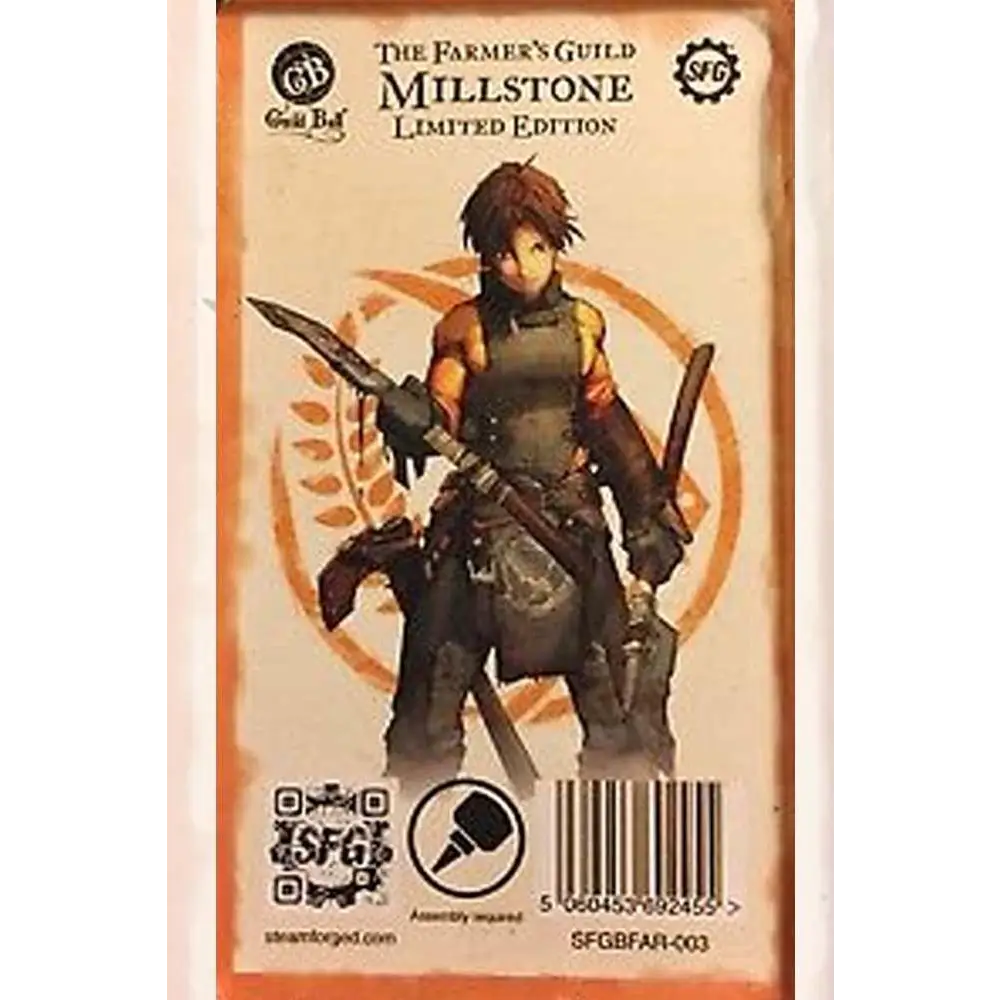 Guild Ball Farmers limited edition Millstone-figur i mörk rustning med orange accenter och två svärd