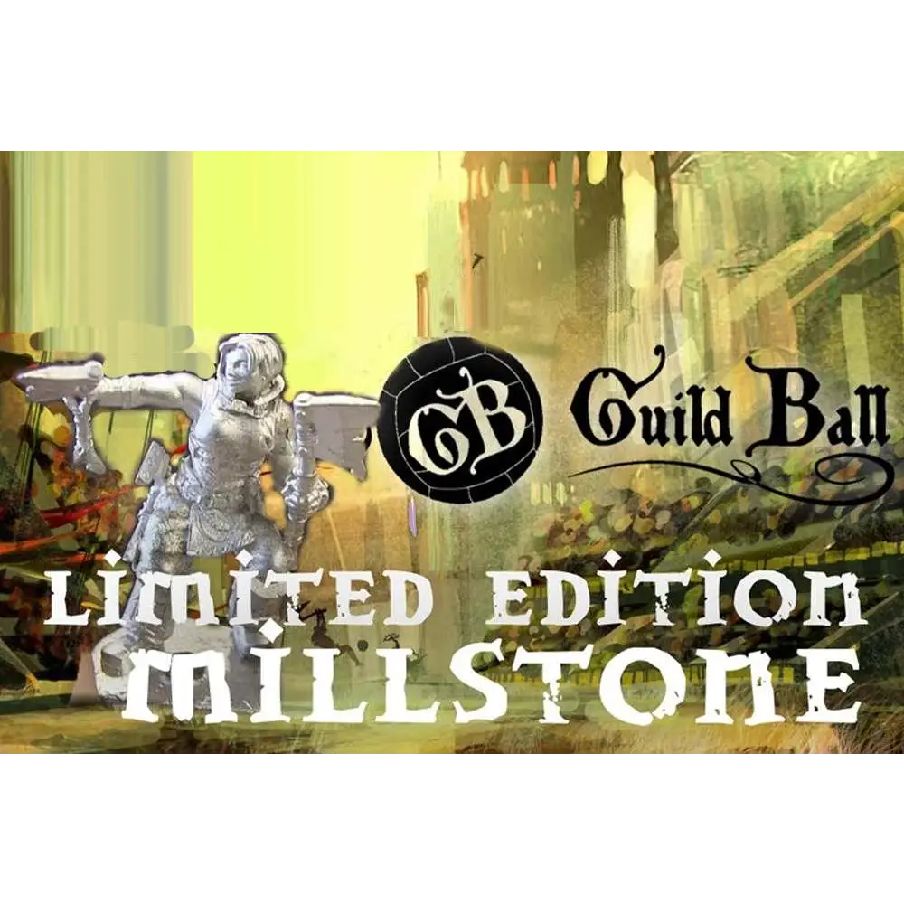 Begränsad upplaga Millstone från Guild Ball Farmers, silverpansrad figur med vingar och svärd i dynamisk pose mot illustrerad bakgrund
