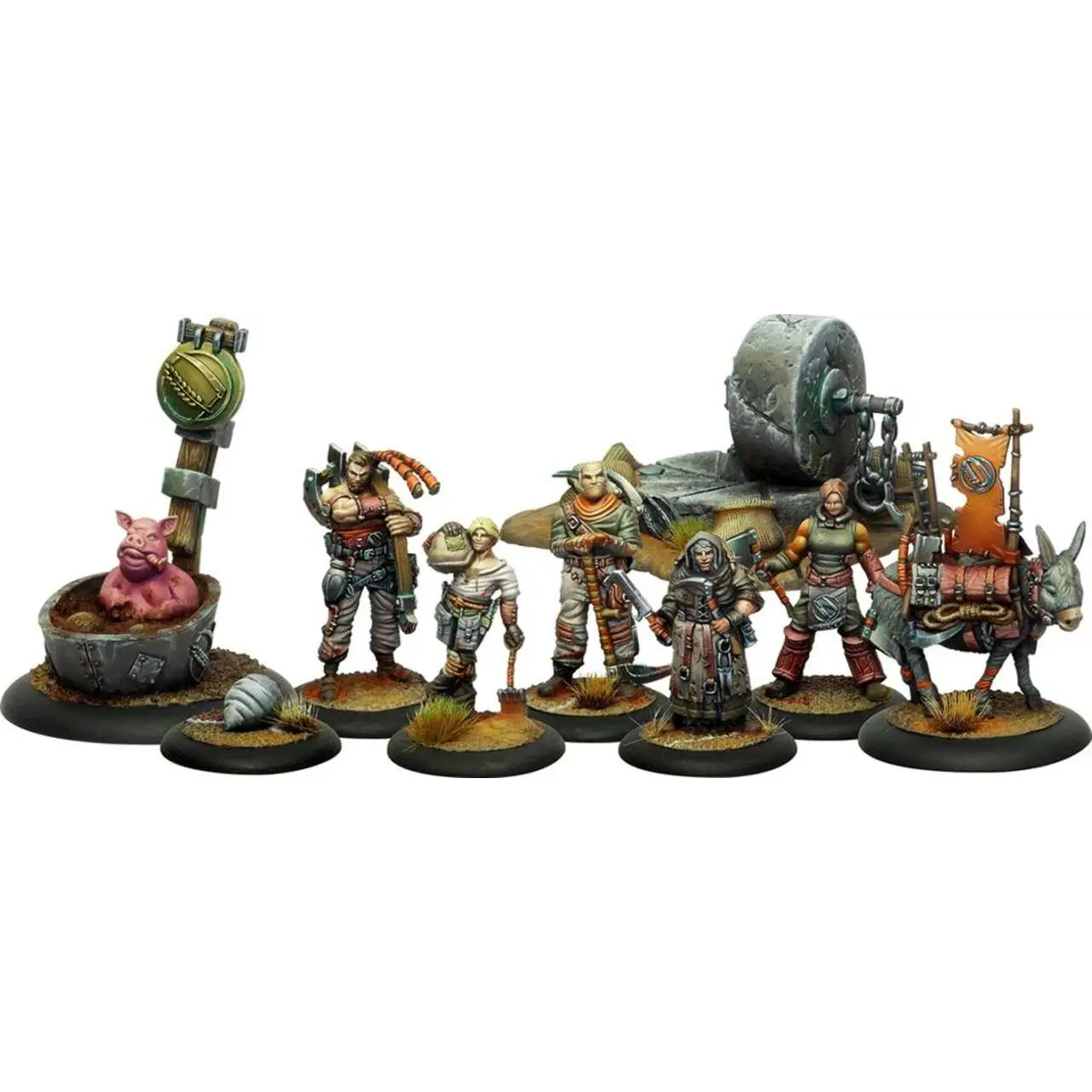 Detaljerad miniatyrfigur av Old Father från Guild Ball Farmers Harvest, med krigare och djurkompis i jordnära toner