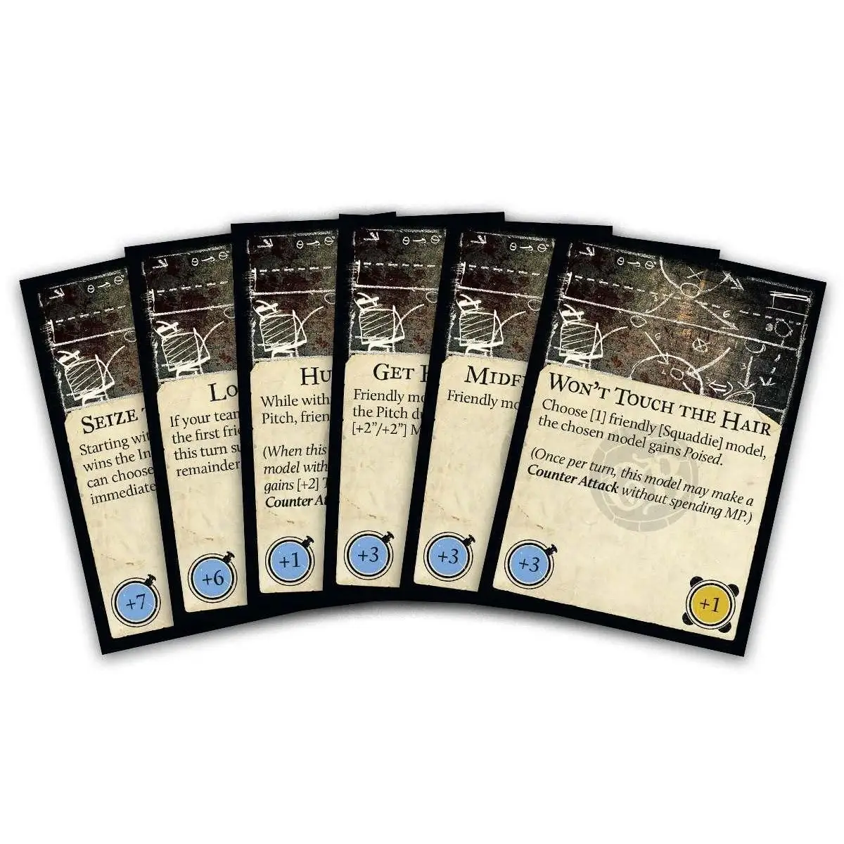 Sex vintage Guild Ball Spelplan Deck-kort med sepiaillustrationer
