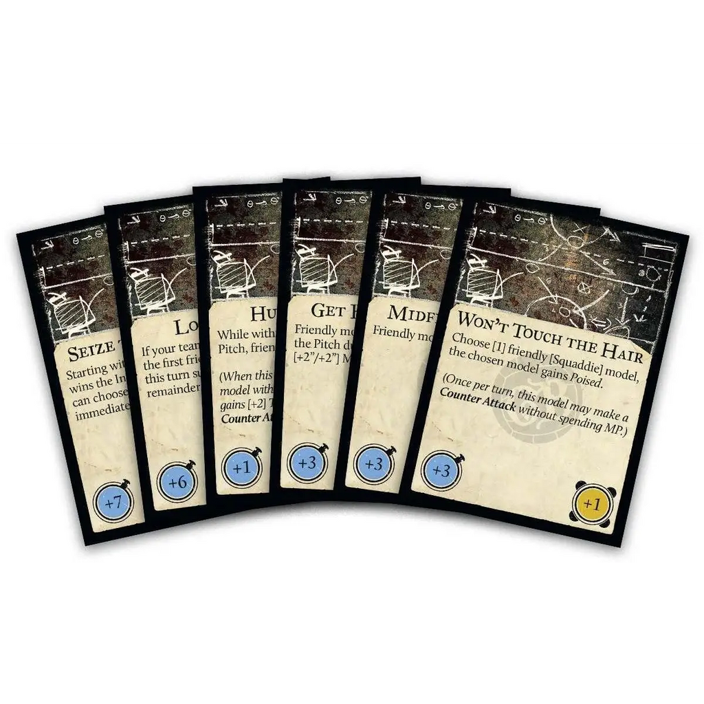 Sex set med sex vintage-spelkort i sepia för Guild Ball Spelplan Deck