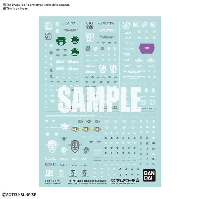 Ljusblå vatten-dekaler för Gundam-modellkit, med vita och gröna markeringar och lila accenter i Gundam Decal 128 - Gundam 00 Movie Multi 2