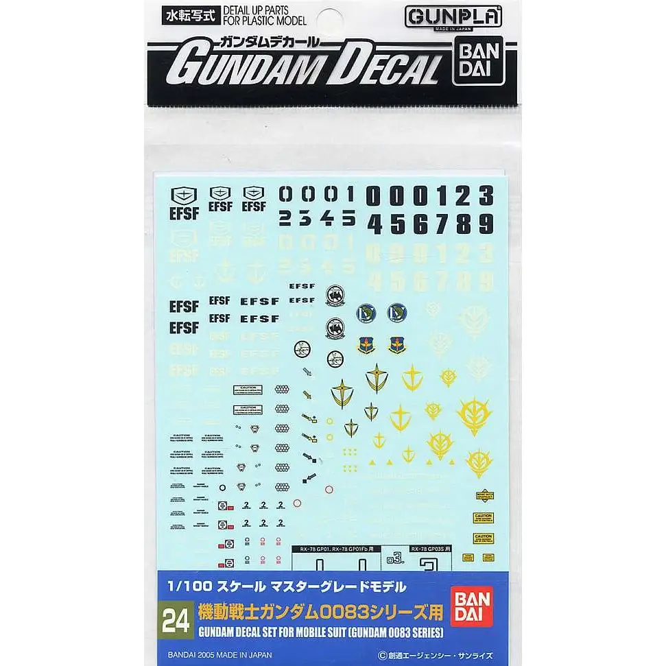 Ljusblå och guldfärgad Gundam-dekalsark för 1/100-skala Mobile Suit i Gundam Decal MG Multi 0083