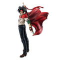 Gundam Domon Kass animefigur med svart hår, beige jacka, röd mantel och svärd