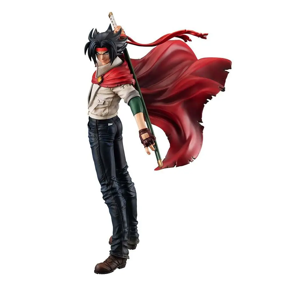 Gundam Domon Kass animefigur med svart hår, beige jacka, röd mantel och svärd
