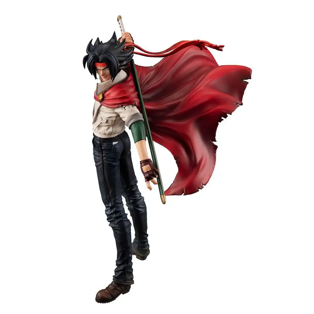 Gundam Domon Kassh-statyn från Megahouse, svart hår, röd mantel, gröna handskar, svärd