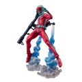 Röd och turkos rymdrangerfigur i dynamisk pose med svart gevär på blå-grå rökbas, Char Aznable Gundam Guy-statue