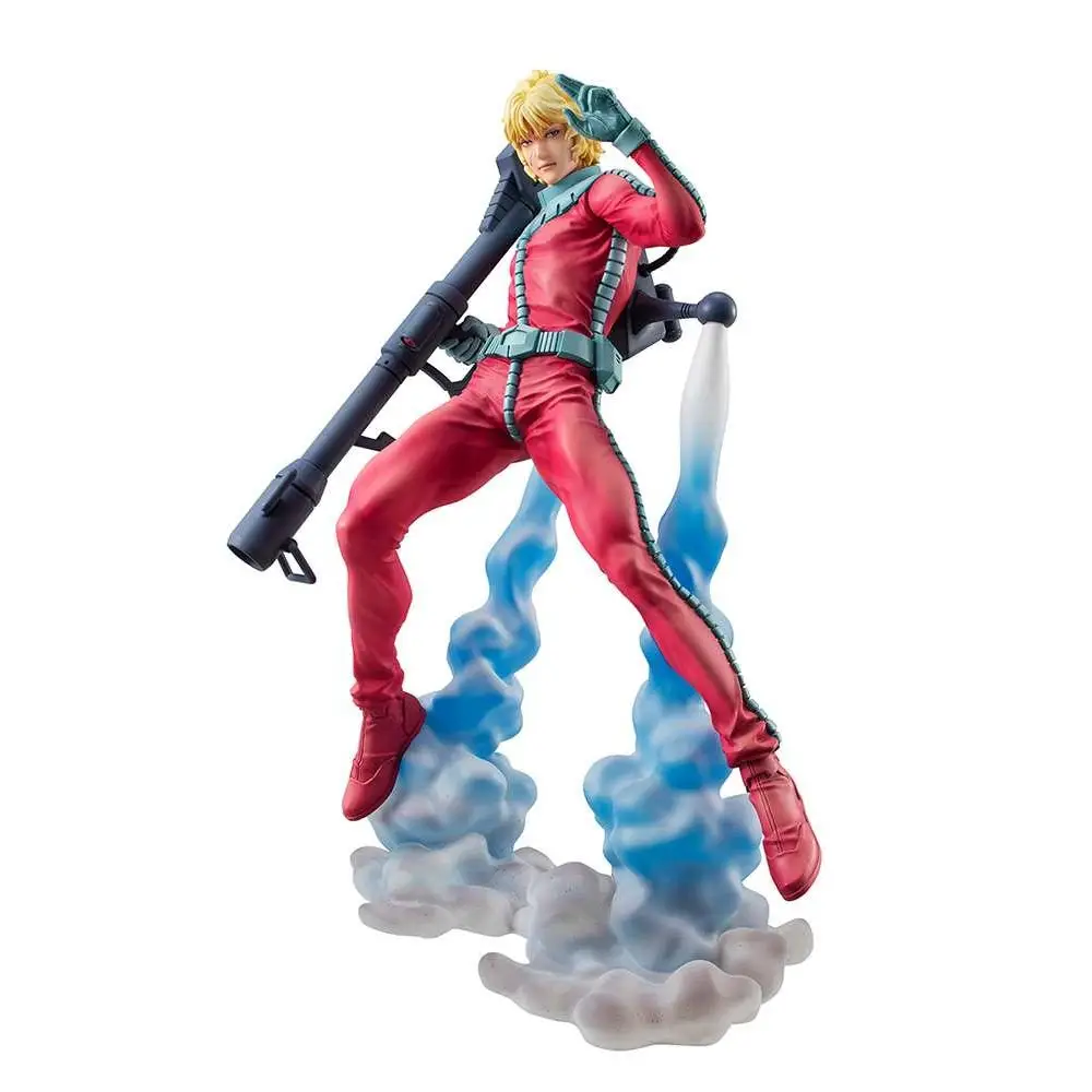 Röd och turkos rustad Gundam Char Aznable-figur med blont hår och svart vapen