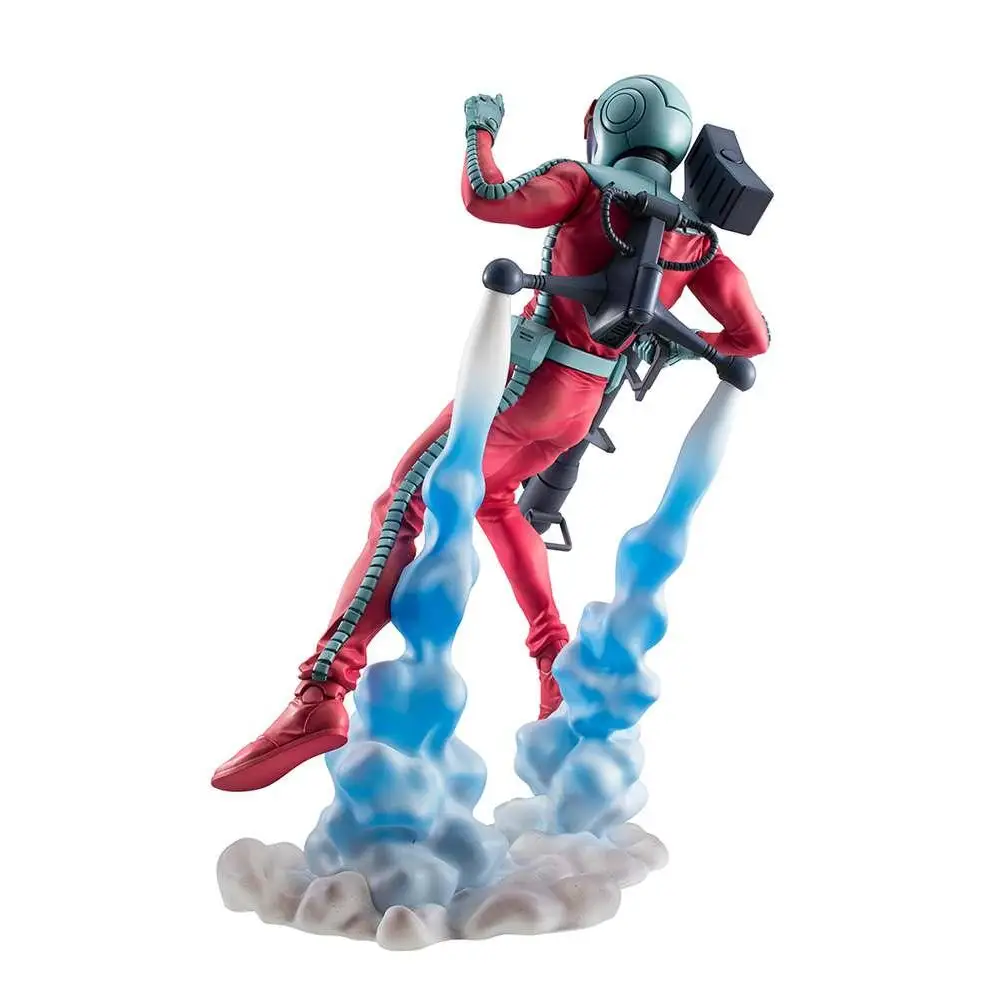 Röd och turkos astronautfigur med jetpack i Char Aznable Normal Suit från Gundam