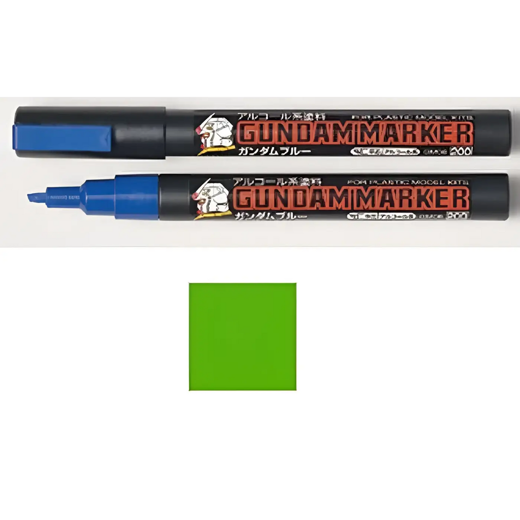Blå Gundam Marker GM-15 med svart kropp och orange text för modellkit