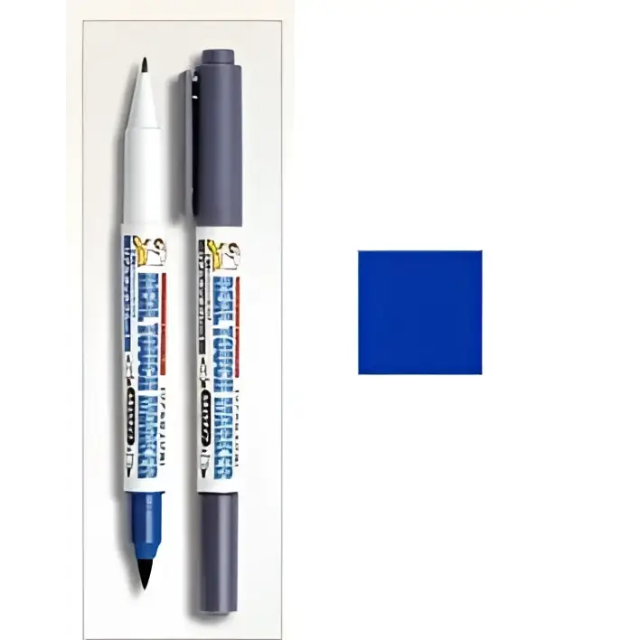 Två finspetsmarkörer: vit med blå spets och mörkgrå med svart kåpa, Gundam Marker GM-403 för modellbyggare