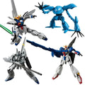 Blå och vit Gundam-modell med röda accenter, detaljerad rustning och svärd