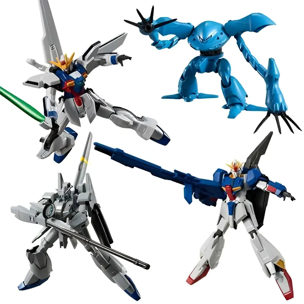 Blå och vit Gundam-modell med röda accenter, detaljerad rustning och svärd