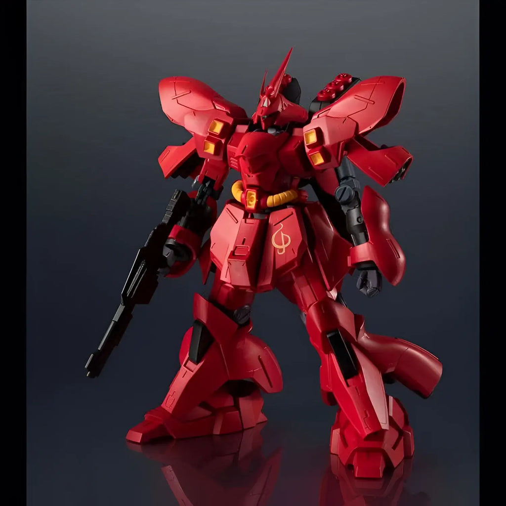 Röd och svart Gundam Universe MSN-04 Sazabi AF-modell med guldiga accenter och musikalisk notemblem på bröstet