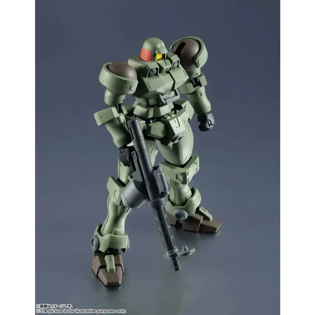 Grön oliv och brun plastmodell av Gundam Universe OZ-06MS Leo med gevär