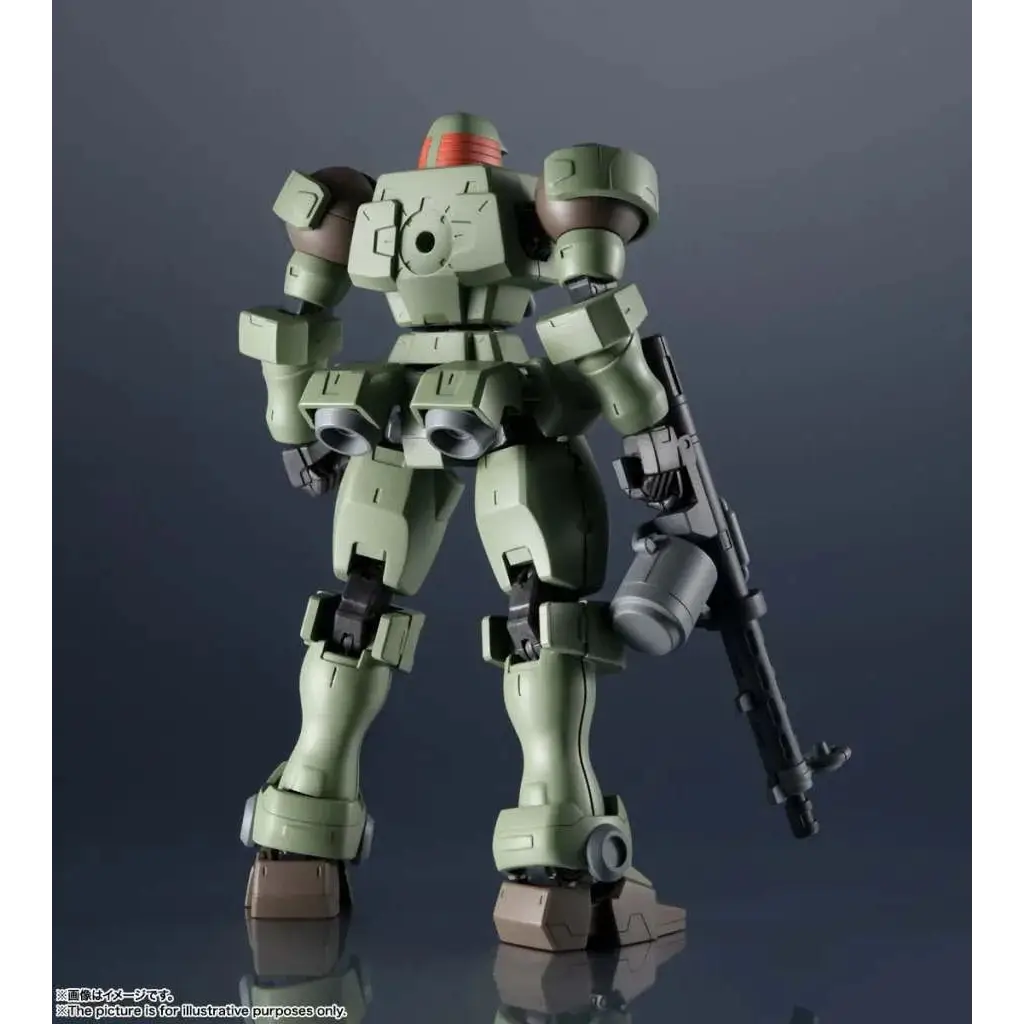 Olivegrön och brun plastmodell av Gundam-stil mecha med gevär, OZ-06MS Leo