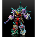 Lila, röda och guldfärgade rustade robotfiguren med turkosa spikar från Gurren Lagann Gattai Infinite Combiner