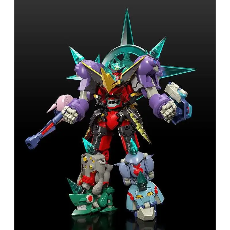 Lila, röda och guldfärgade rustade robotfiguren med turkosa spikar från Gurren Lagann Gattai Infinite Combiner