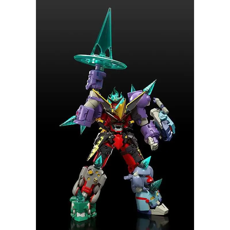 Vibrerande Gurren Lagann Gattai Infinite Combiner-robot i lila, rött, guld och turkos med grön spjutvapen
