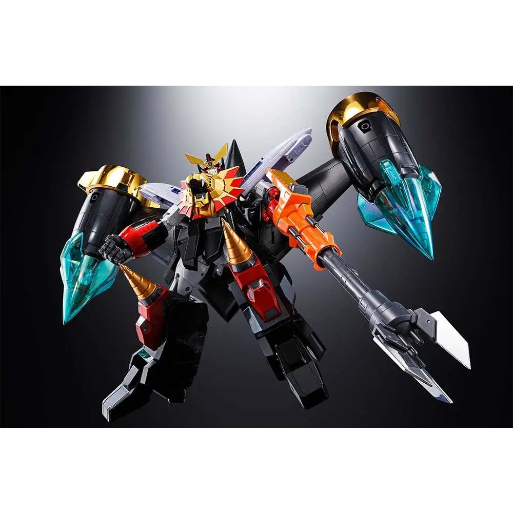 Svart, röd och gul pansrad robot med genomskinliga turkosa kristallvapen i Gx-68X Star Gaogaiger Option Set