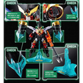 Svart, röd och gul robotfigur med transparenta blå kristallvingar från Gx-68X Star Gaogaiger Option Set