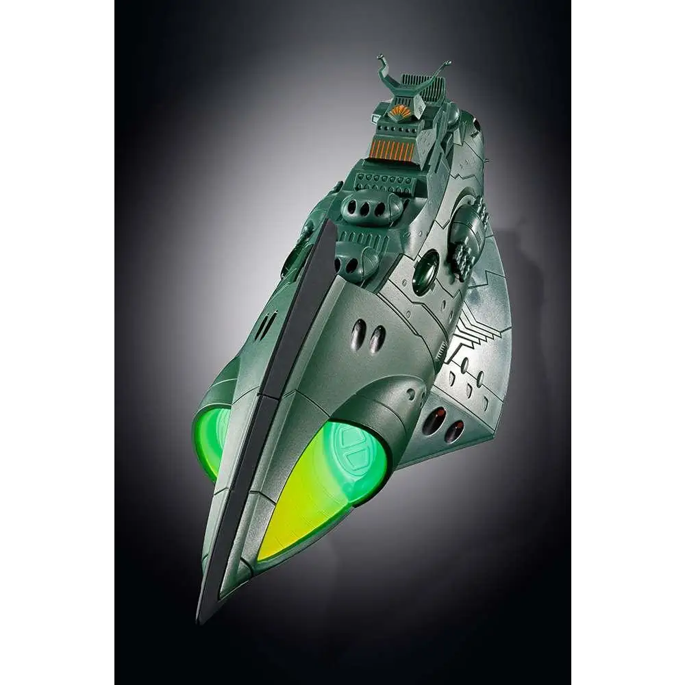 Grön och silverfärgad metallisk Gx-89 Garmillas rymdkryssare med lysande gröna thrusters