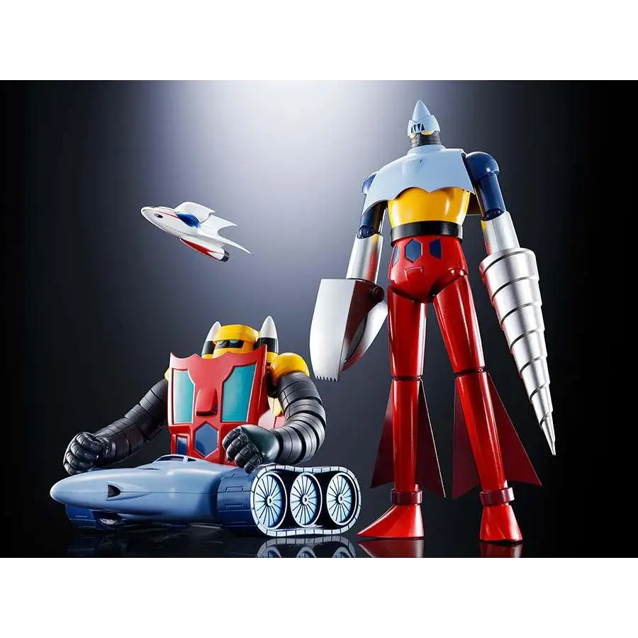 Röd och gul robotfigur med silver rustning, blå accenter och borrarm från Gx-91 Getter 2+3-set