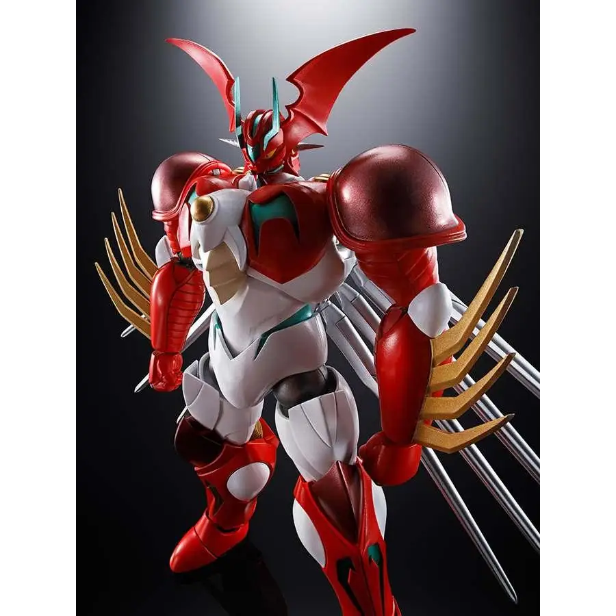 Röd och vit pansrad robotfigur med drakhuvud och guldtipsklorar i Gx-99 Getter Robot Arc