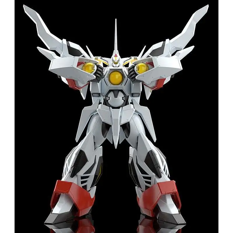 Vit och röd pansrad robot med gula glödande ögon, Hades Project Zeorymer Moderoid MK-plastmodell