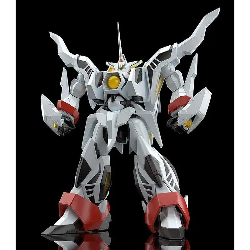 Vit Hades Project Zeorymer Moderoid MK plastmodell: vit och röd robot med guldiga accenter, vinklade pansarplattor och framträdande hornprydnad
