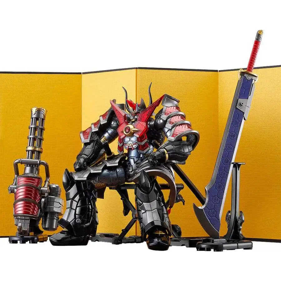 Röd och svart rustad Mazinkaiser Haou-robot med gulddetaljer på tronbas