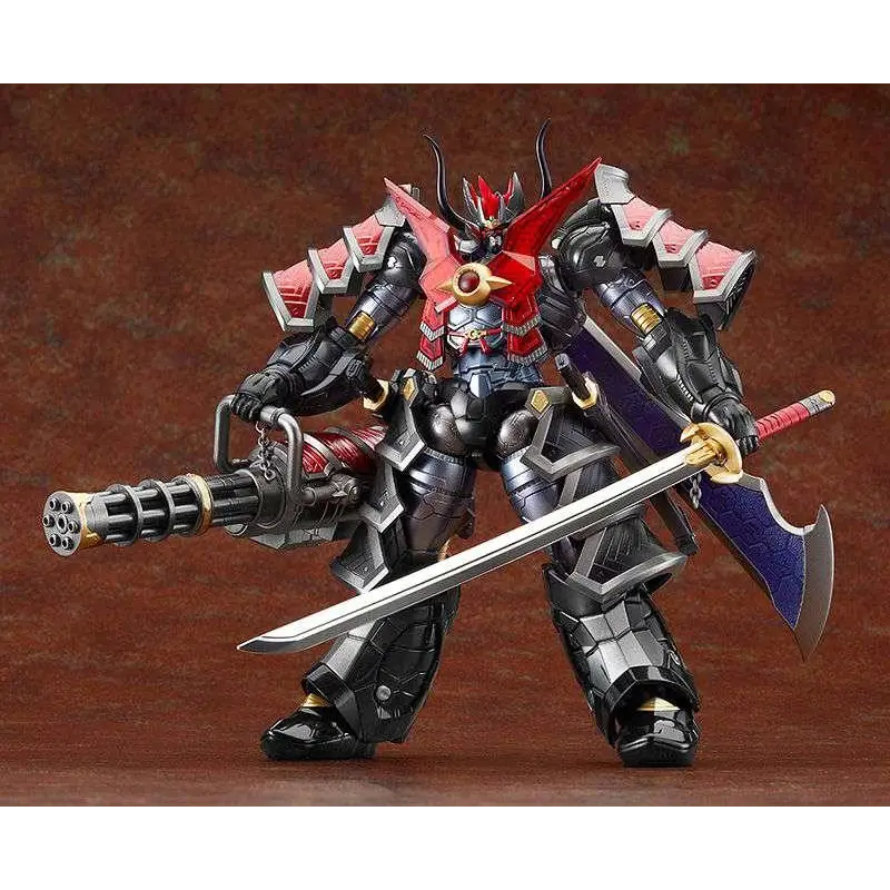 Röd och svart rustad robotfigur med guldiga accenter, svärd och stor pistol från HAGANE WORKS Mazinkaiser Haou-set
