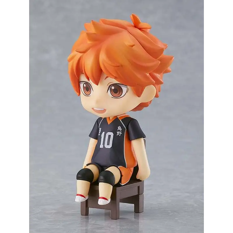 Haikyu Shoyo Hinata Nendoroid Swacchao: orange-haired chibi volleyball player in black and orange jersey number 10 on wooden stool