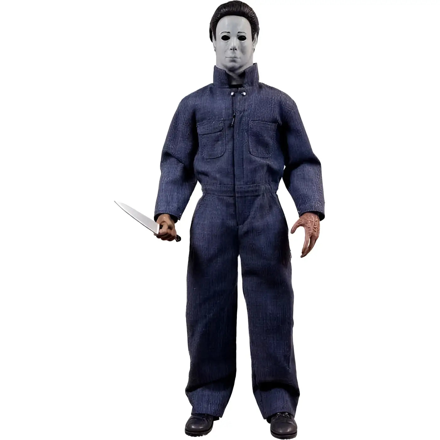Michael Myers actionfigur i mörkblå denim-overall med kniv