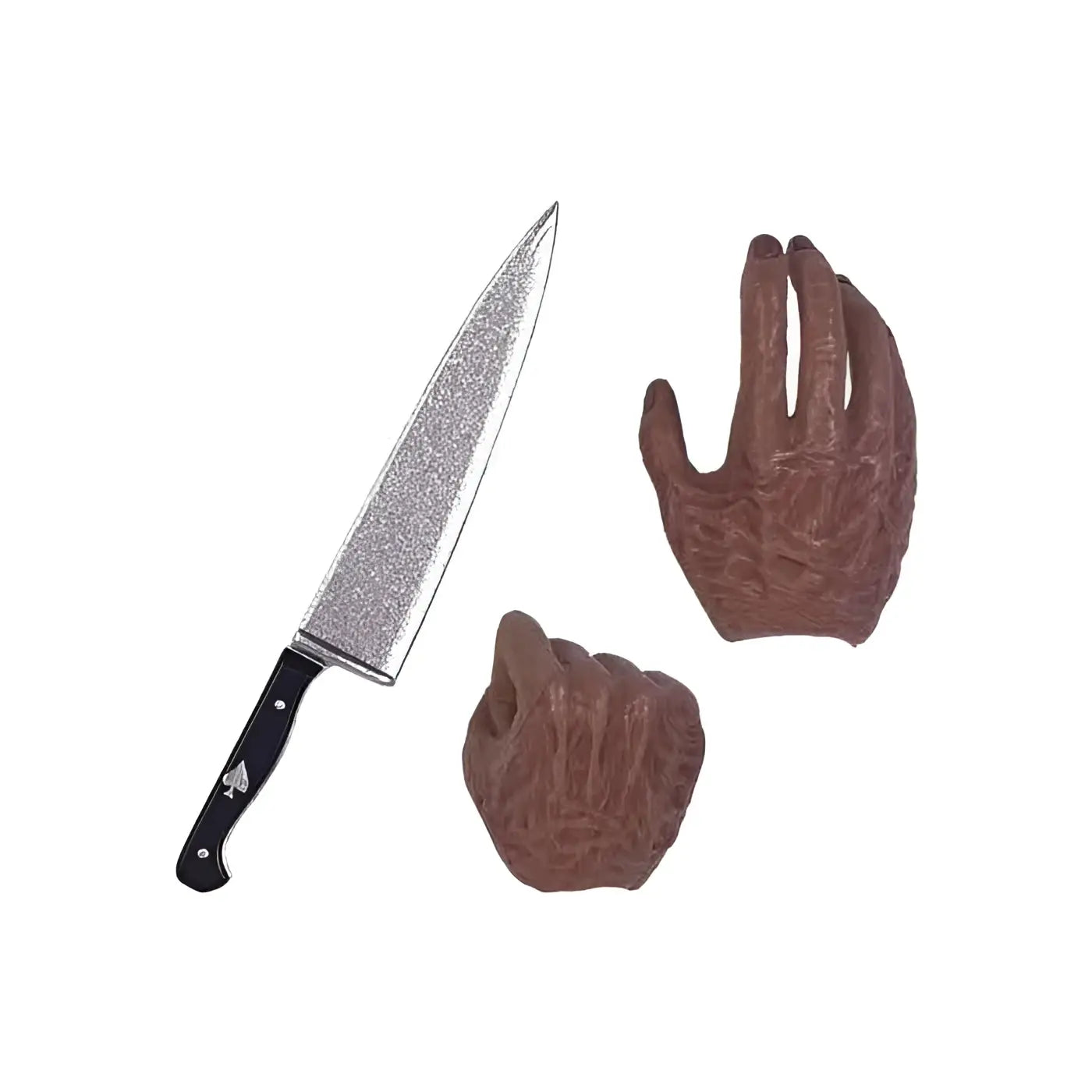 Silver kockkniv med svart handtag, två bruna texturerade handformade köksredskap, Michael Myers Halloween 4 actionfigur
