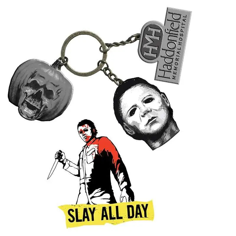 Svart och röd illustrerad Michael Myers-nyckelring med pumpaskallecharm, Haddonfield-sjukhustagg och Slay All Day-bandér