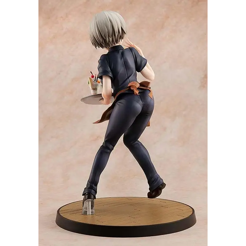 Detaljerad Hana Uzaki-figur med silverigt hår i blå uniform, håller bricka med drycker