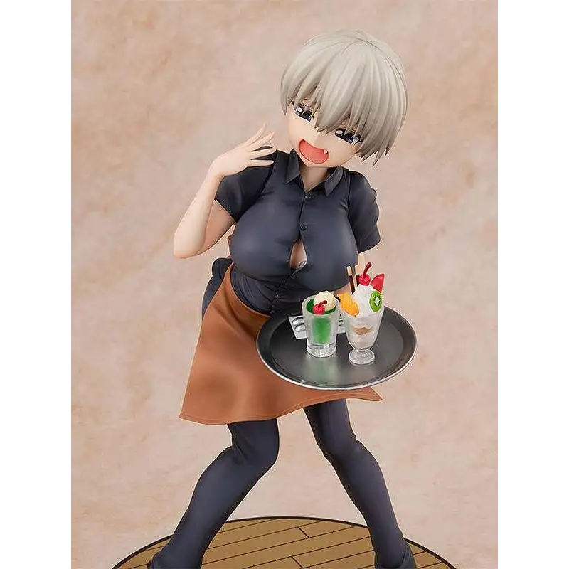 Silver-haired Hana Uzaki anime waitress figurine holding colorful dessert drinks