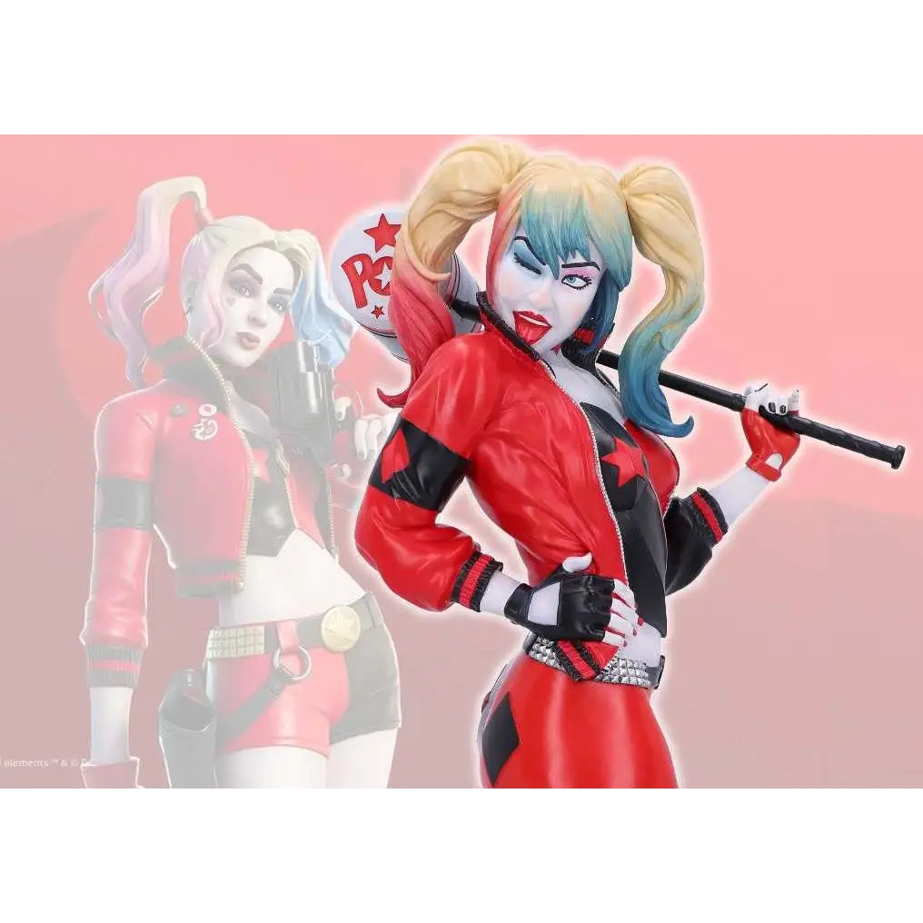 Röd och svart Harley Quinn-byst i högkvalitativ resin med glansig vinyloutfit och regnbågsflätor