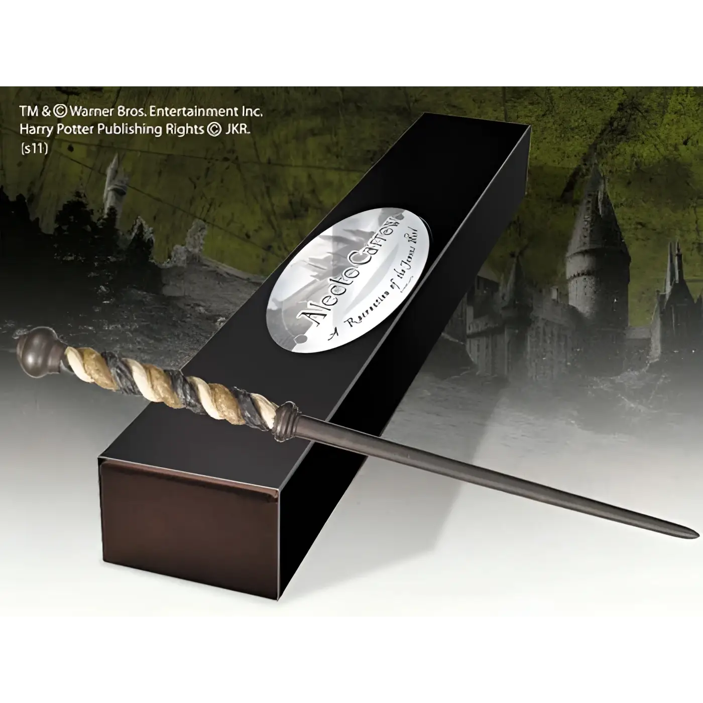Replica av Albus Dumbledore’s trollstav från Harry Potter, med mörk metallskaft och tvinnad handtag med guld- och silverband